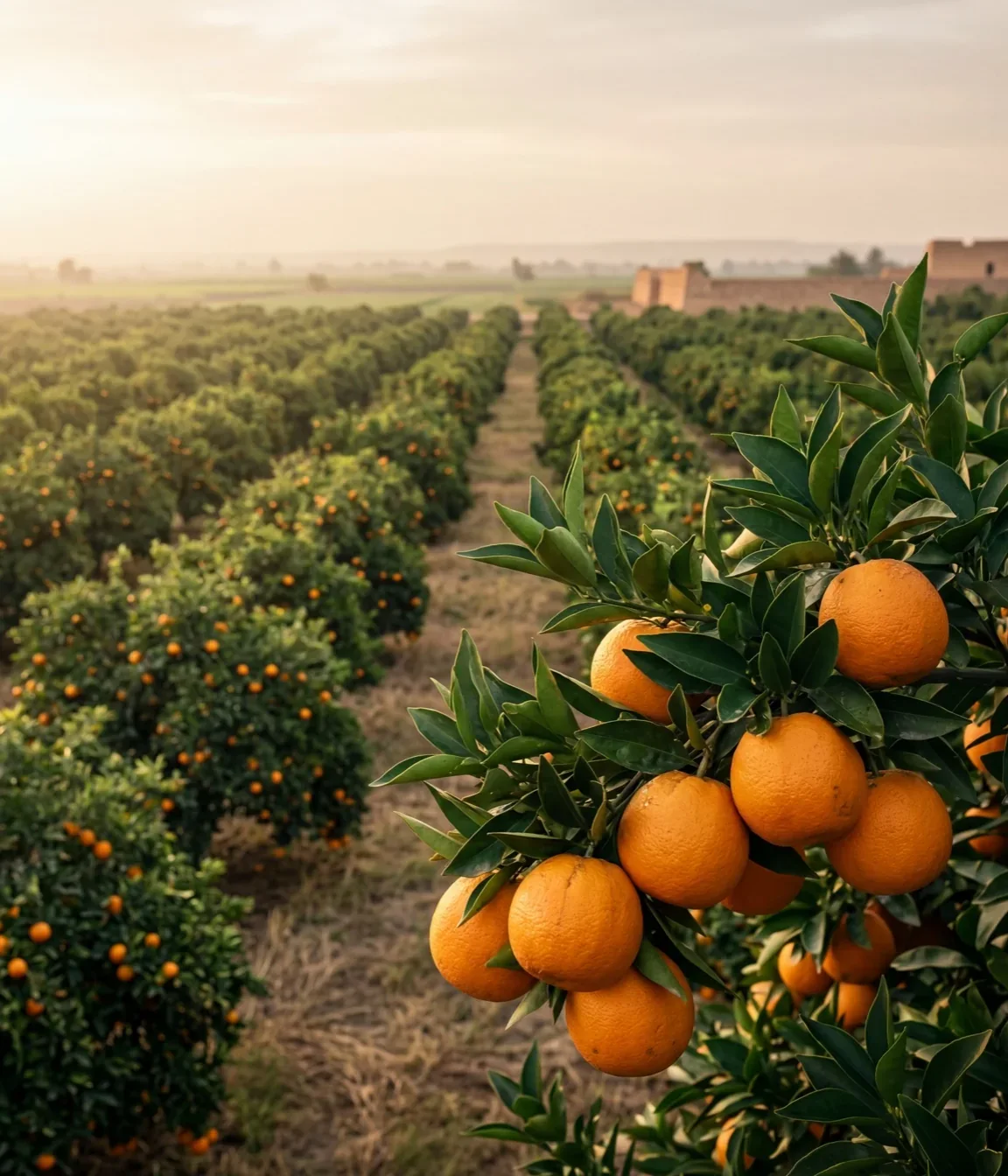 Egyptian citrus orchard at sunrise — rows of mature orange trees heavy with ripe Navel oranges
